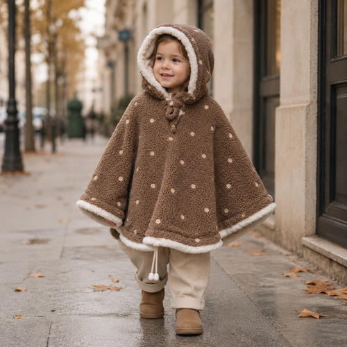 Enfant portant un poncho marron doublé écru avec petites fleurs blanches lors d'une promenade en ville en automne.