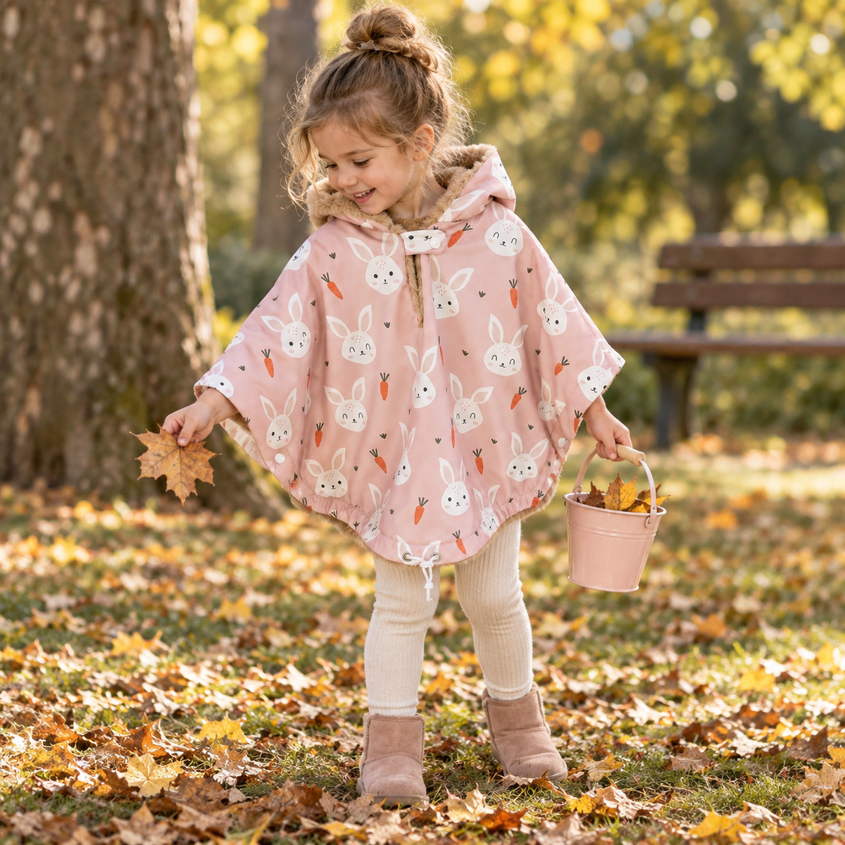 Petite fille d’environ quatre ans jouant dans un parc avec un poncho rose à motifs de lapins et de carottes. Ses mains dépassent des ouvertures formées par les pressions latérales fermées.