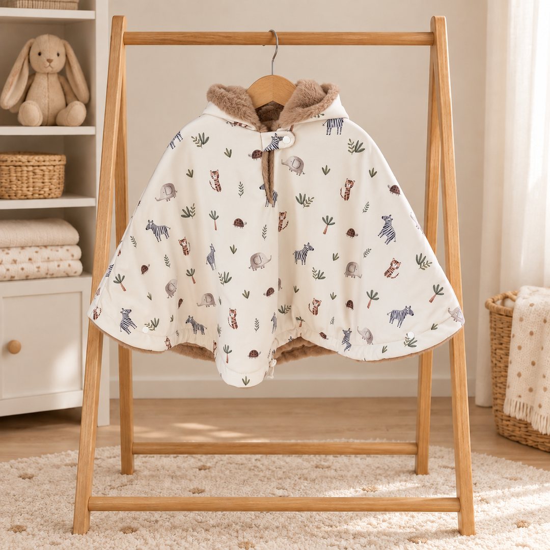 Poncho de siège auto écru à petits motifs de zèbres, éléphants et tortues, avec capuche doublée de fourrure douce, sur un portant en bois.