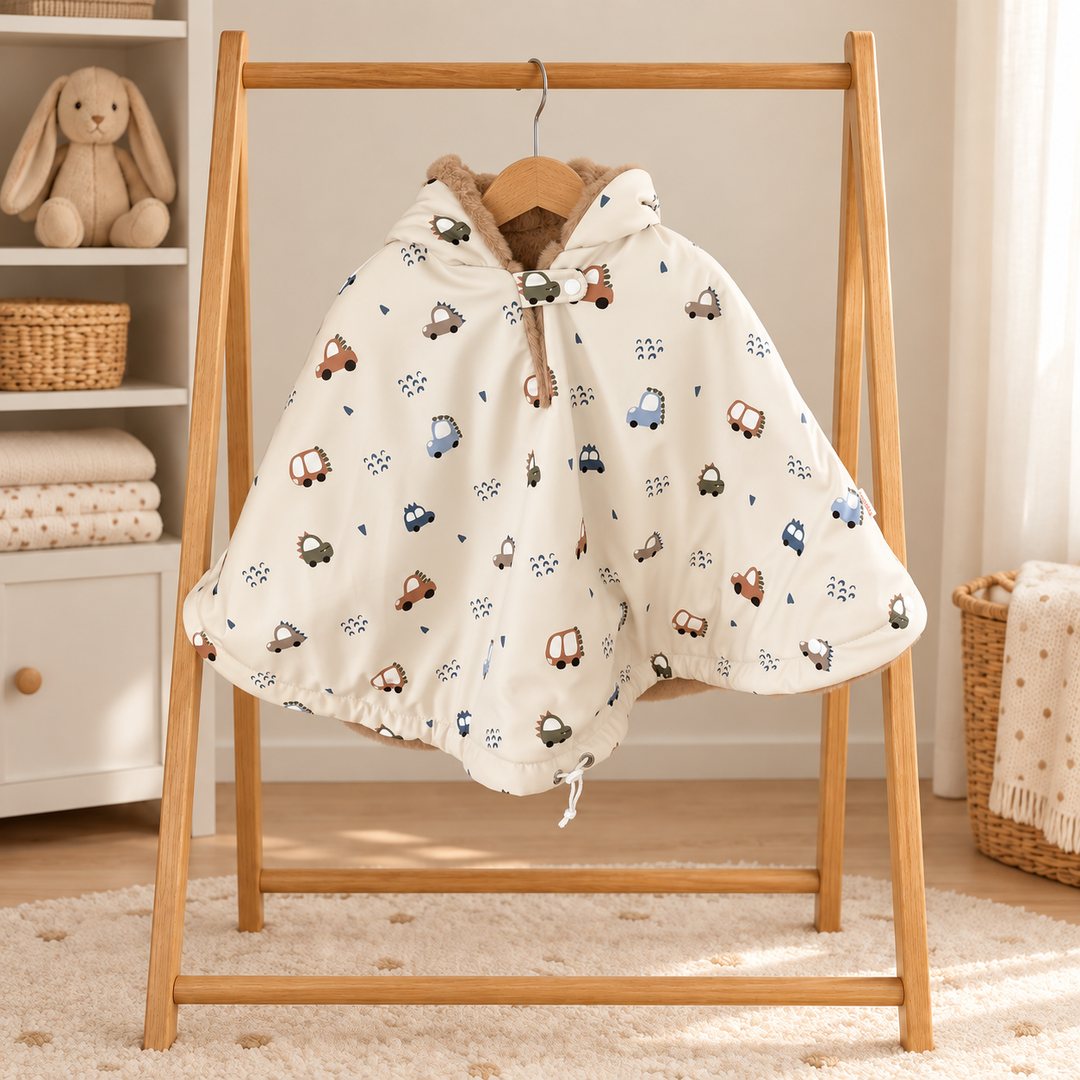 Poncho de siège auto écru à motifs de petites voitures multicolores, avec capuche doublée de fourrure douce, sur un portant en bois.