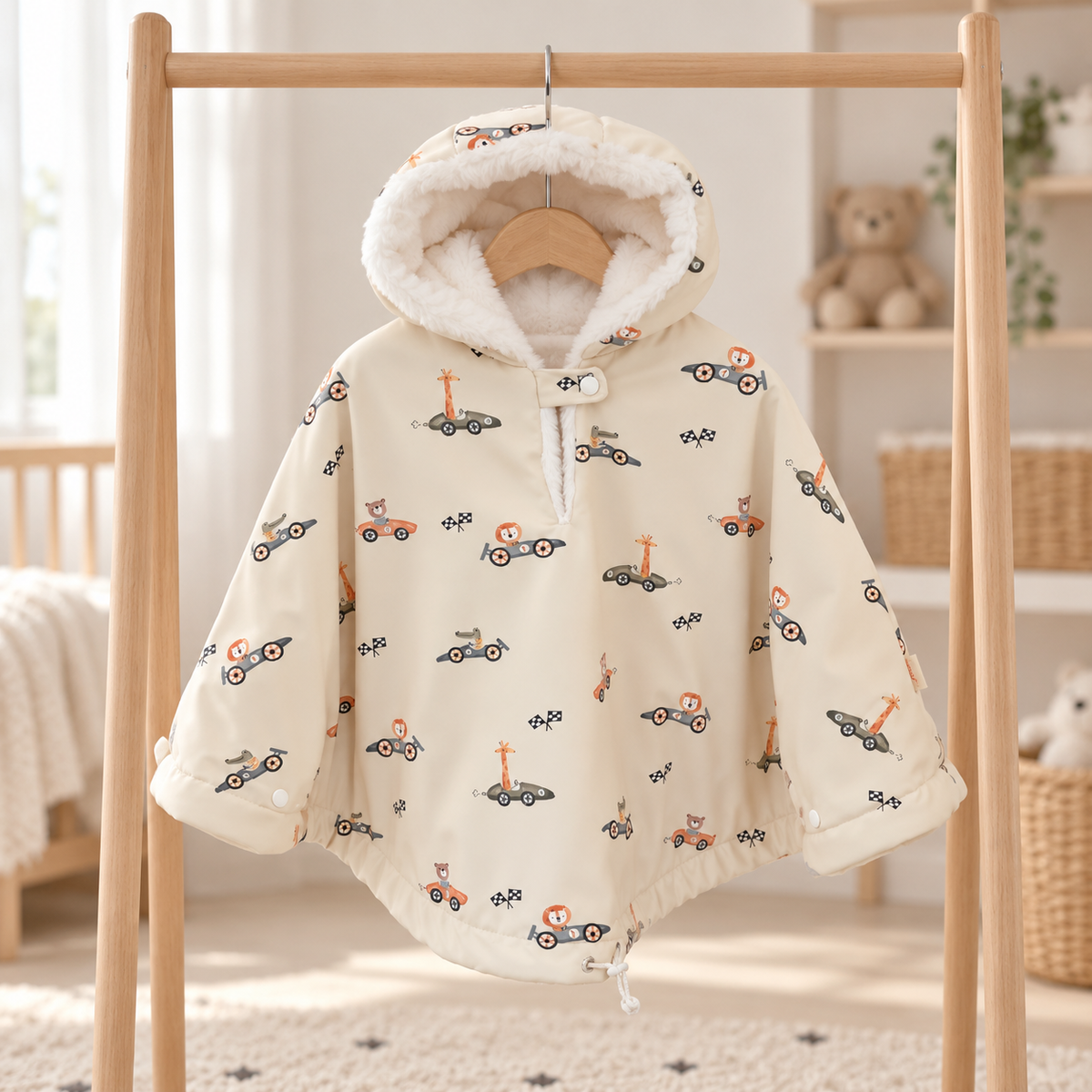 Poncho pour enfant crème à motifs de petites voitures de course et de drapeaux à damier, suspendu sur un portant en bois, avec une capuche doublée de fourrure blanche.