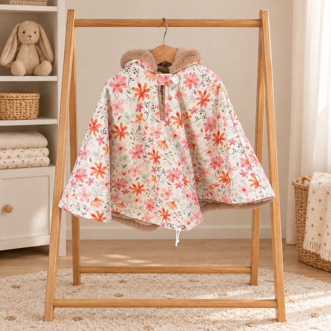 Poncho de siège auto écru à fleurs roses et orange, avec capuche doublée de fourrure douce, suspendu à un portant en bois.