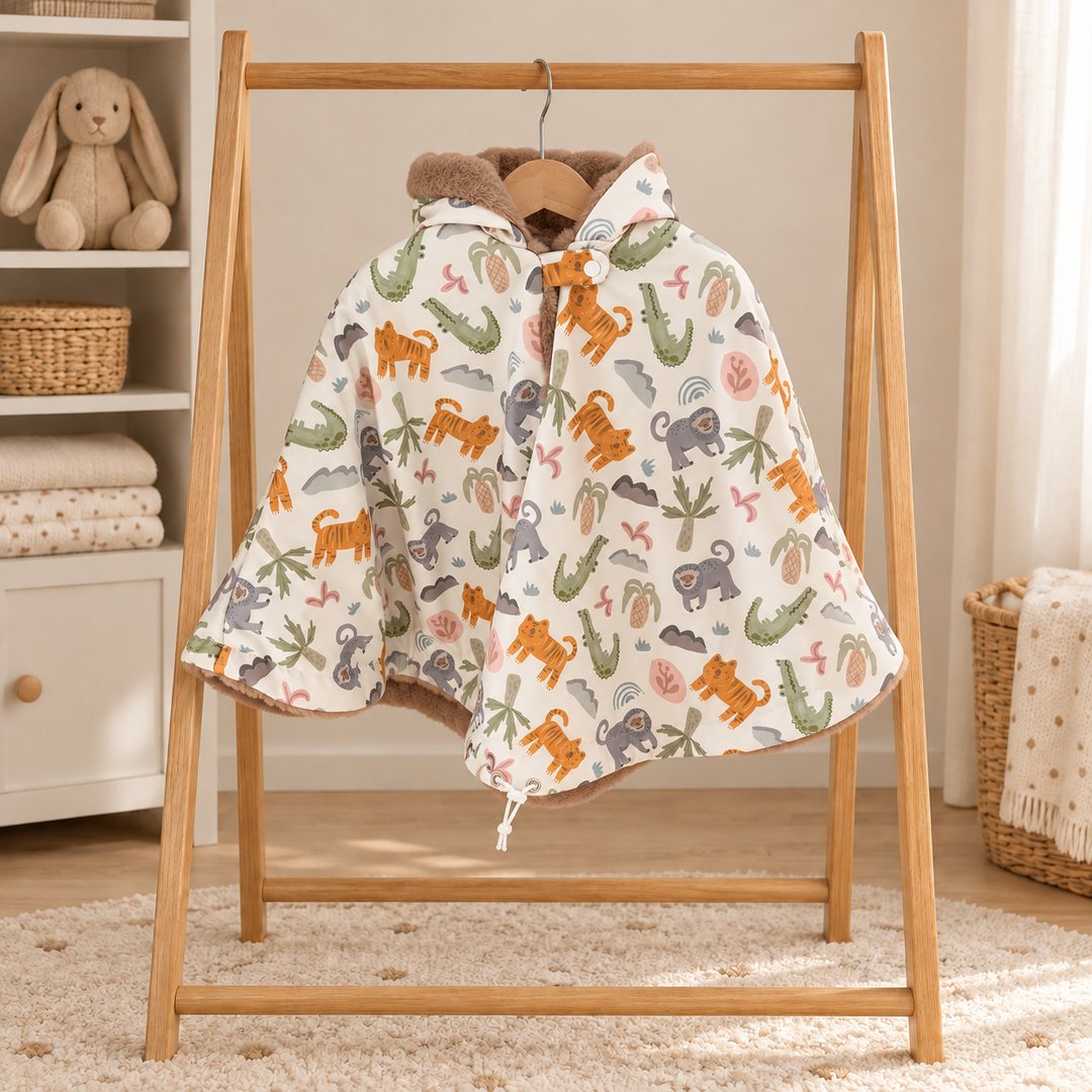 Poncho de siège auto écru à motifs de tigres, crocodiles et singes, avec capuche doublée de fourrure douce, suspendu à un portant en bois.