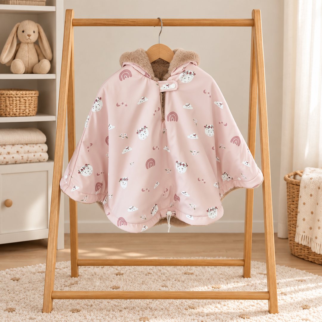 Poncho de siège auto rose poudré à motifs de nuages, lunes et arcs-en-ciel, avec capuche doublée de fourrure douce, suspendu à un portant en bois.