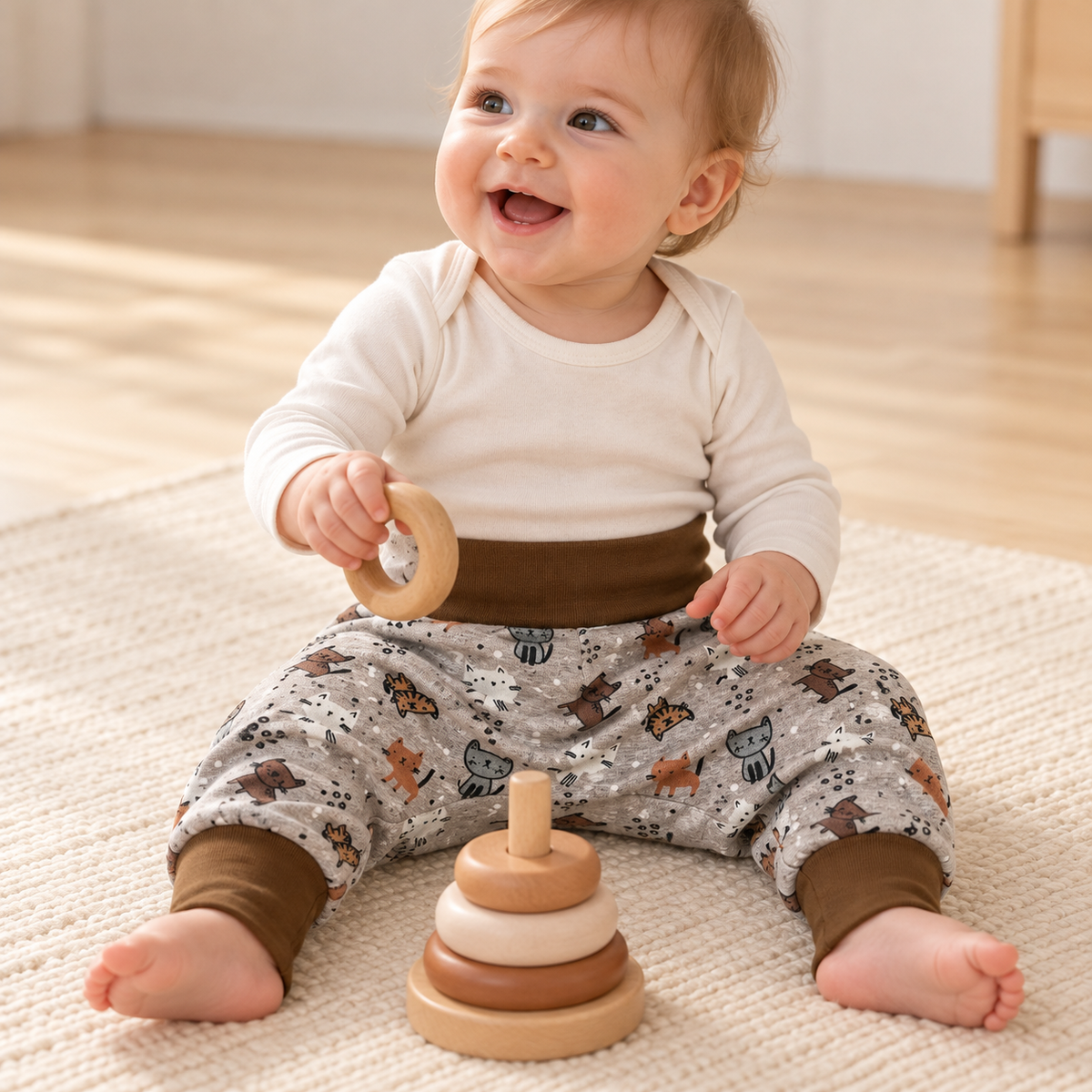 Bébé de neuf mois assis jouant avec des anneaux en bois, portant un sarouel évolutif gris à motifs de chats et bandes brunes