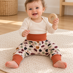 Bébé de neuf mois assis en train de jouer, portant un sarouel évolutif à motifs de feuilles avec les bandes terracotta dépliées.