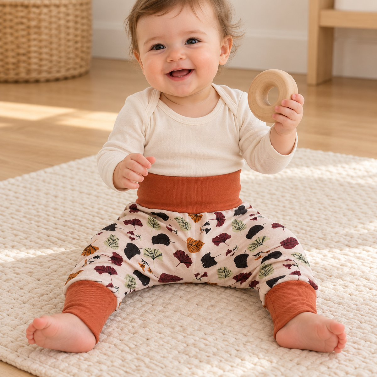 Bébé de neuf mois assis en train de jouer, portant un sarouel évolutif à motifs de feuilles avec les bandes terracotta dépliées.