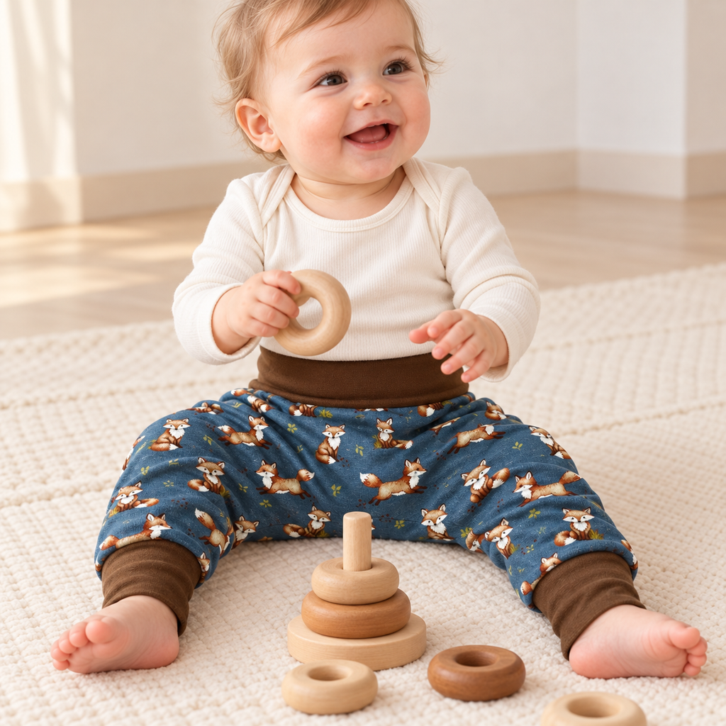 Bébé de neuf mois assis portant un sarouel évolutif bleu à motifs de renards et bandes brunes, jouant avec des anneaux en bois.