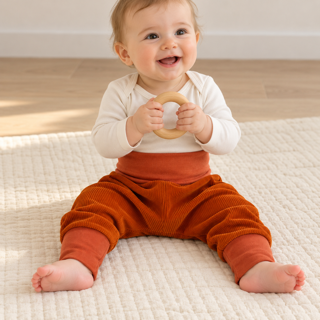 Bébé assis jouant avec un jouet en bois, vêtu d’un sarouel évolutif orange en velours côtelé avec de longues bandes aux chevilles.