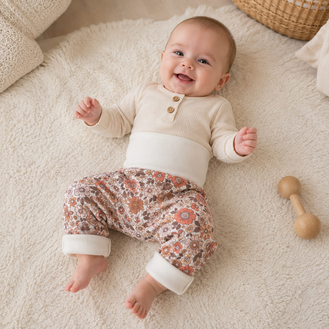 bébé sur un tapis portant un sarouel évolutif avec fleurs vintage