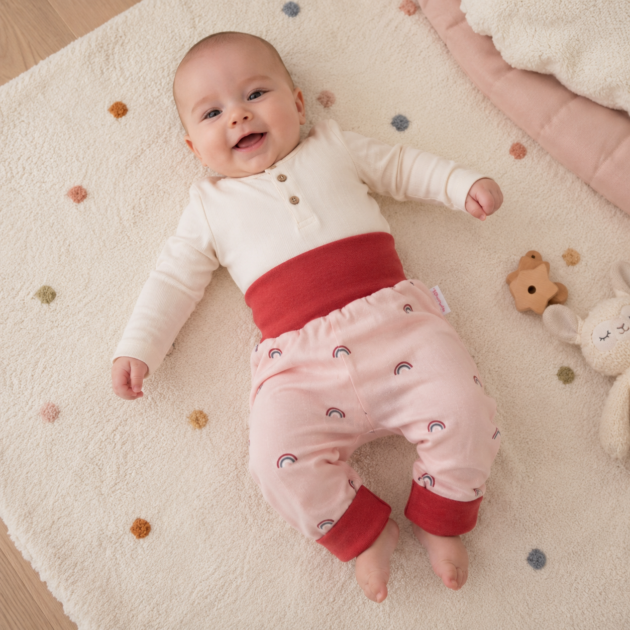 bébé portant un sarouel évolutif saumon avec des motifs arc-en-ciel