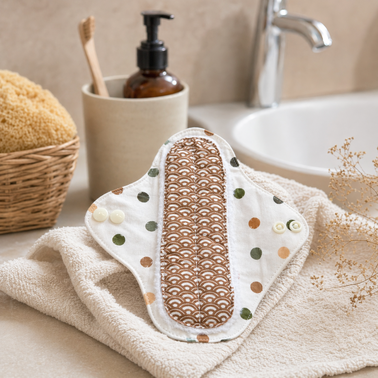 Serviette lavable marron pois verts