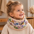 Enfant portant un snood à motifs animaux de la forêt colorés avec intérieur doux beige
