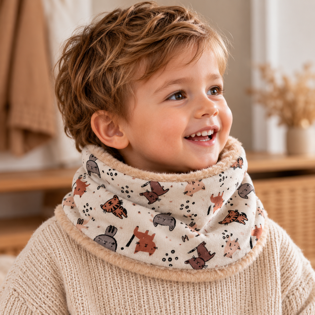 Enfant portant un snood beige à petits motifs chats avec intérieur doux beige