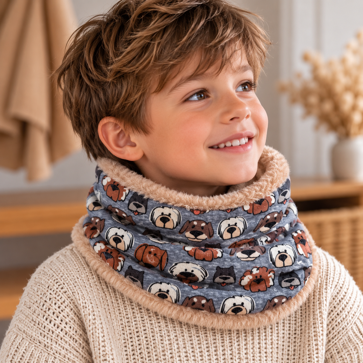 Garçon de 6 ans portant un snood bleu à motifs chiens avec intérieur doux beige
