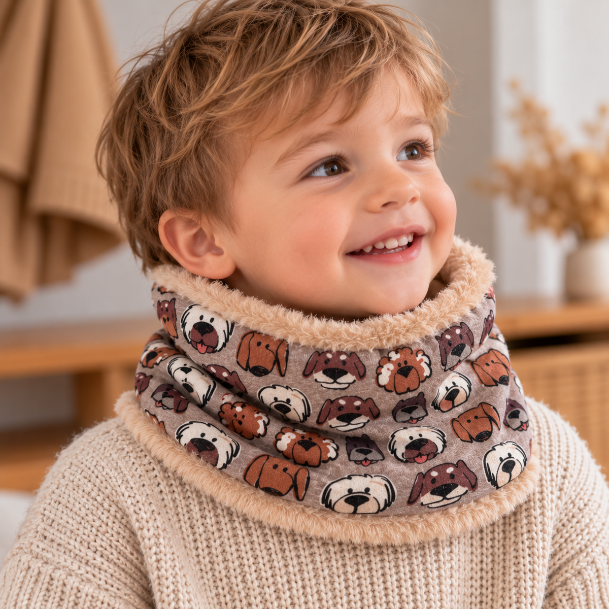 Petit garçon de 2 ans portant un snood taupe à motifs chiens avec intérieur doux beige