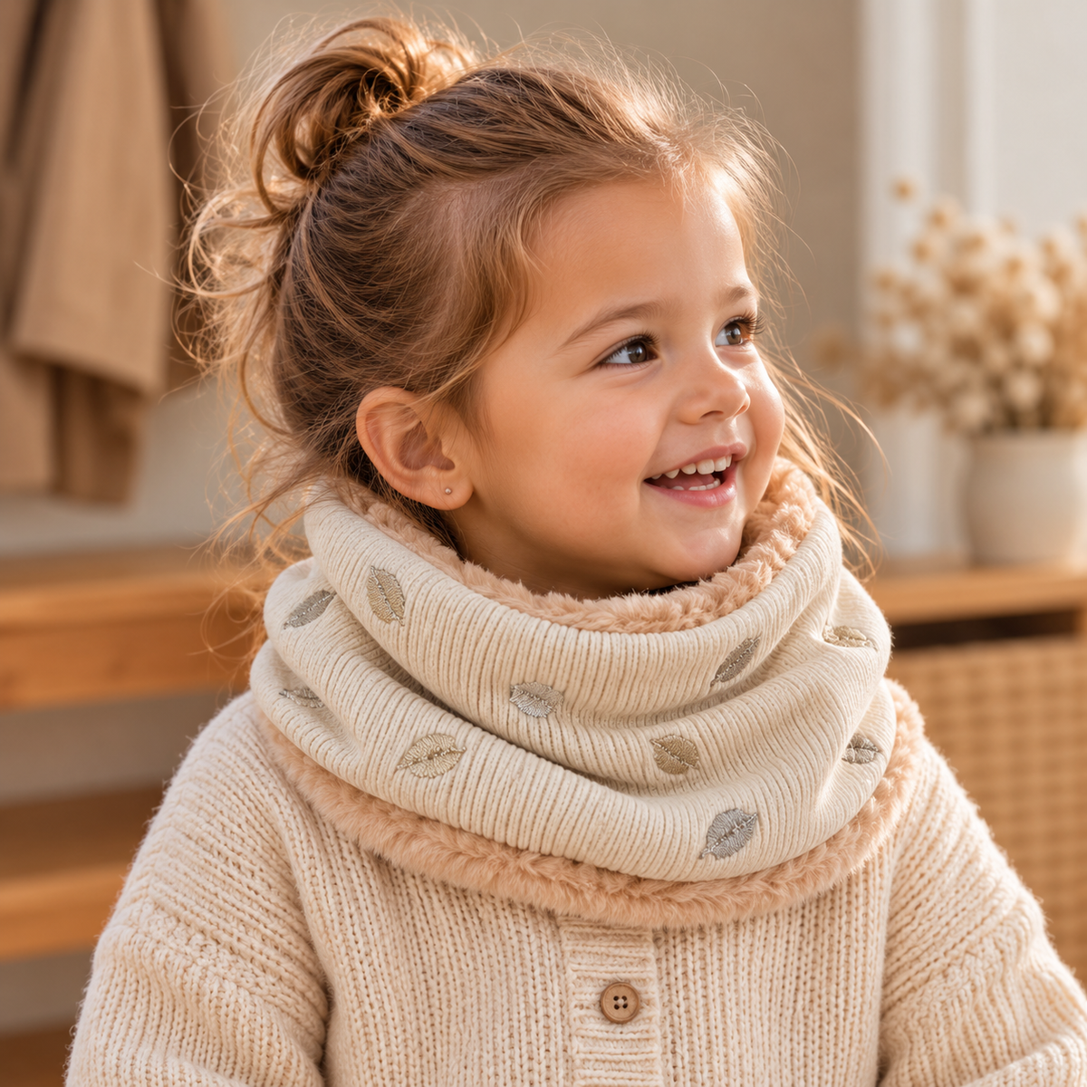 Enfant portant un snood écru à petits motifs brodés dorés et argentés avec intérieur beige