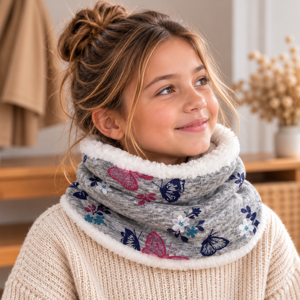 Fille portant un snood gris à motifs papillons et fleurs avec intérieur doux blanc