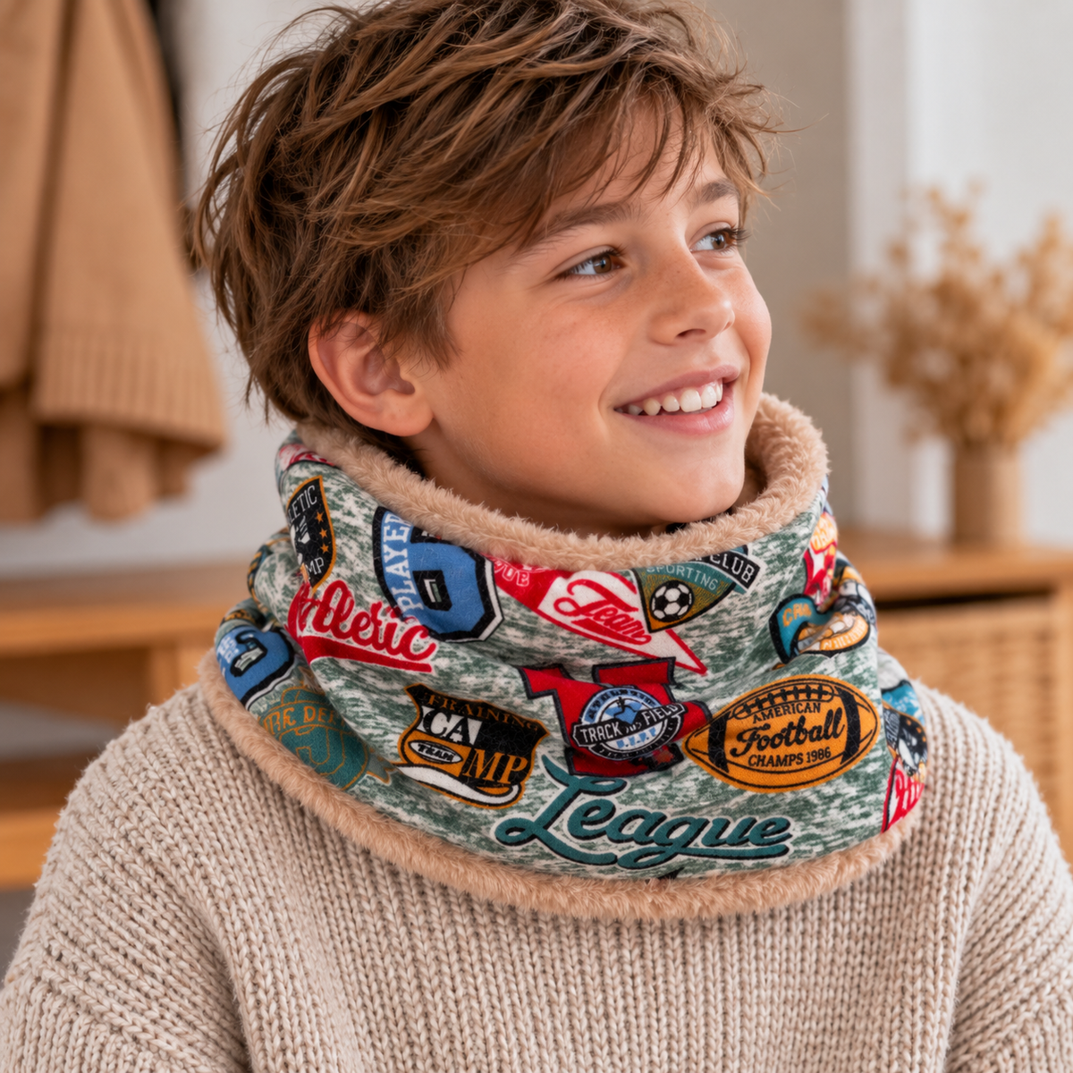 Garçon d’environ 10 ans portant un snood à motifs sport colorés avec intérieur doux beige