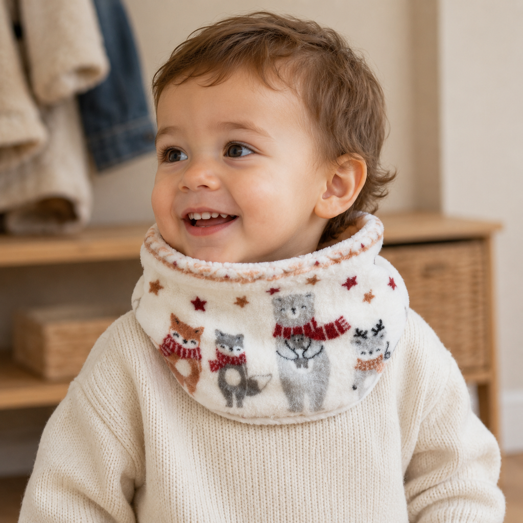 Enfant de 2 ans portant un snood chaud à motifs ours et étoiles, doublé tout doux – Abracada Dreams