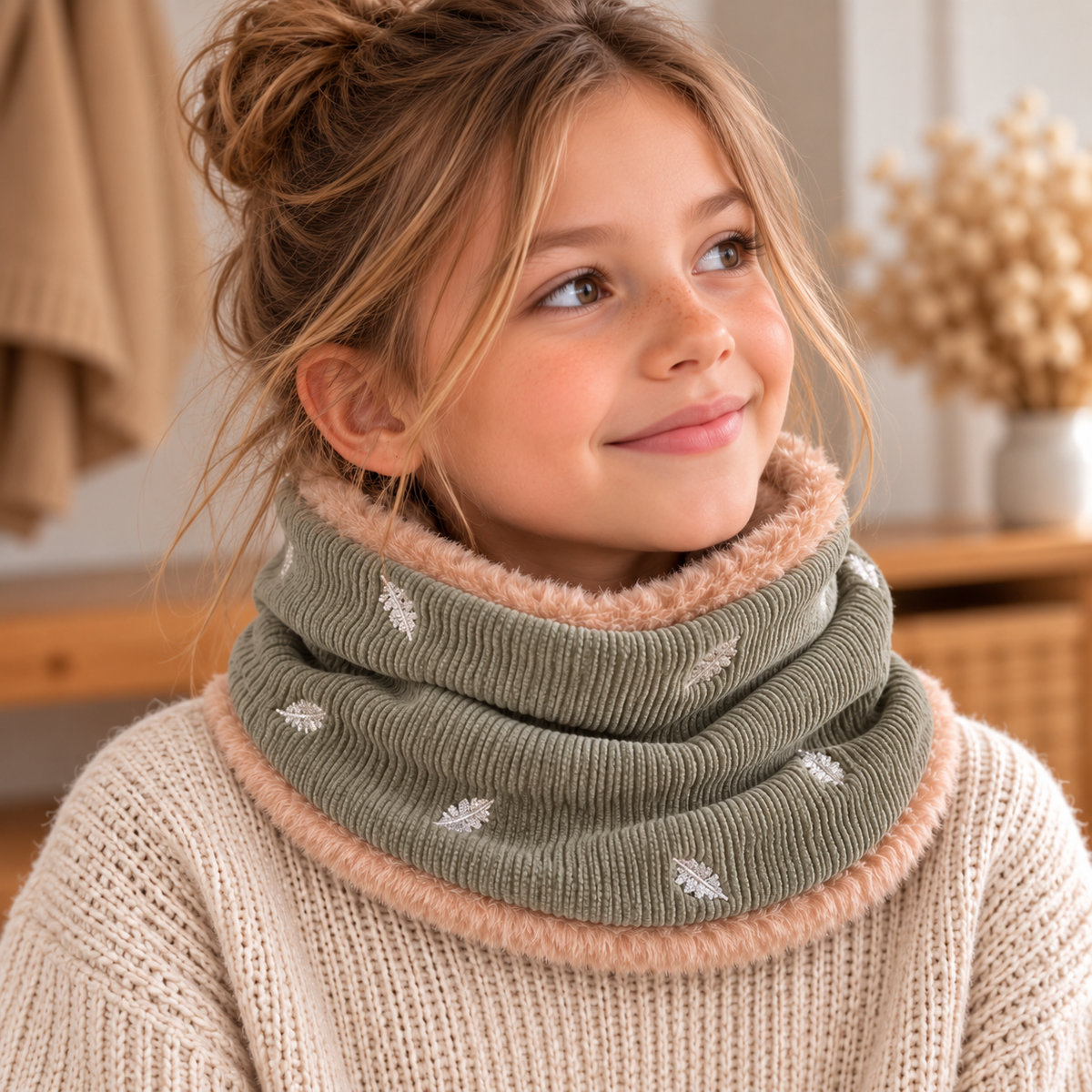 fille	Fille portant un snood vert gris à petites feuilles avec intérieur doux beige
