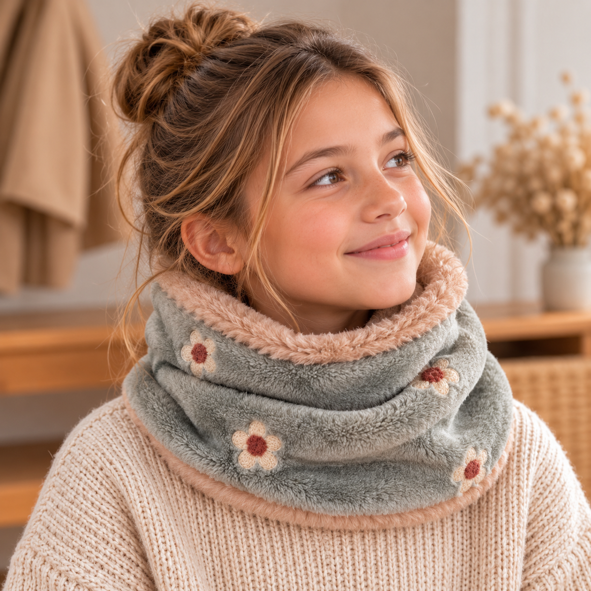 Fille portant un snood vert gris à fleurs avec intérieur doux beige