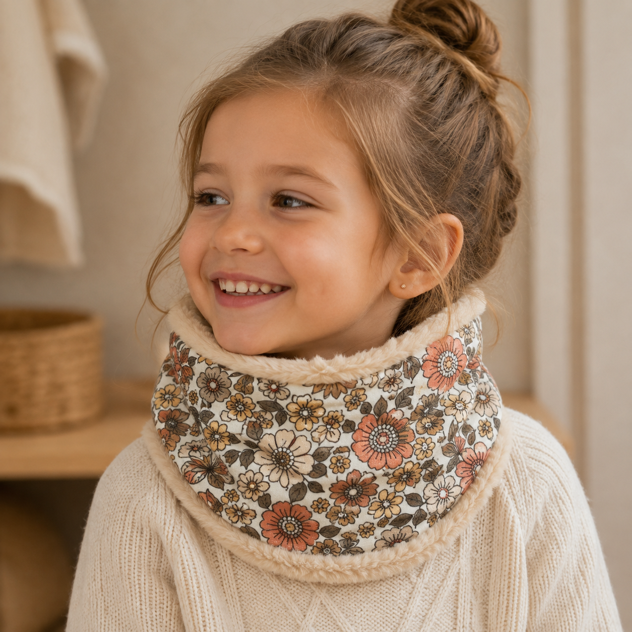 Fille de 6 ans portant un snood chaud à fleurs aux tons automnaux, doublé tout doux – Abracada Dreams
