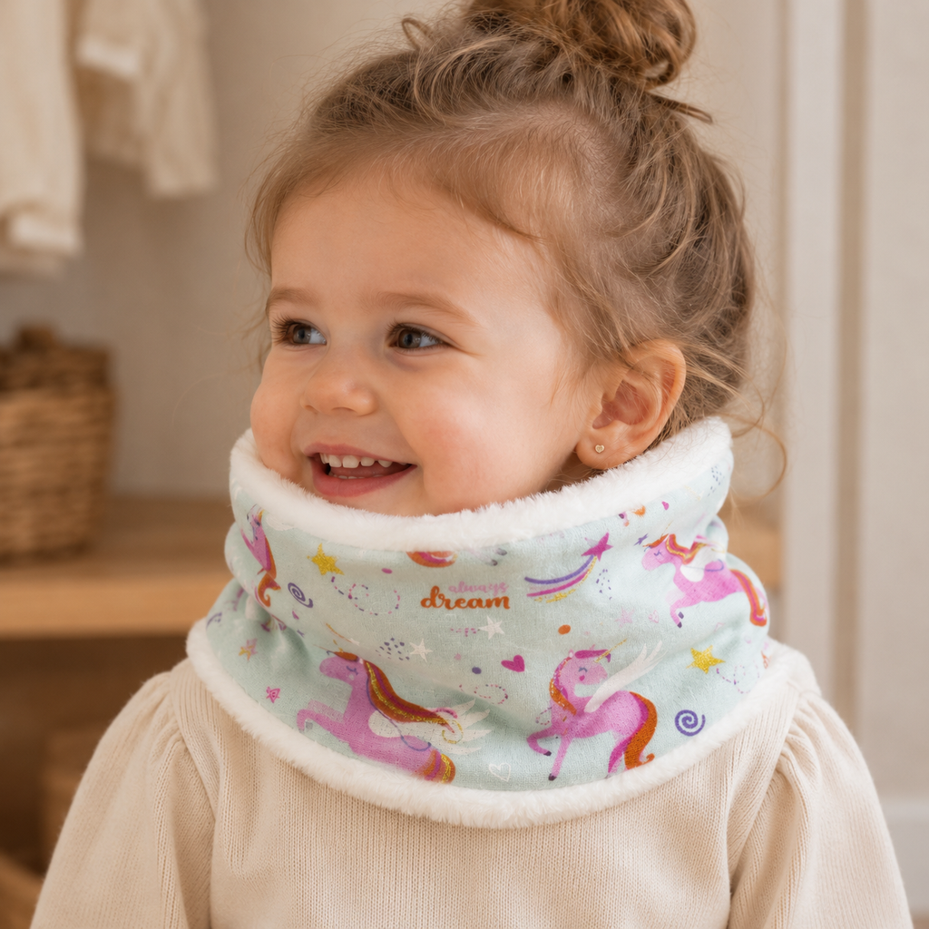 Petite fille portant un snood tour de cou chaud à motif licornes, doublé en tissu tout doux – Abracada Dreams
