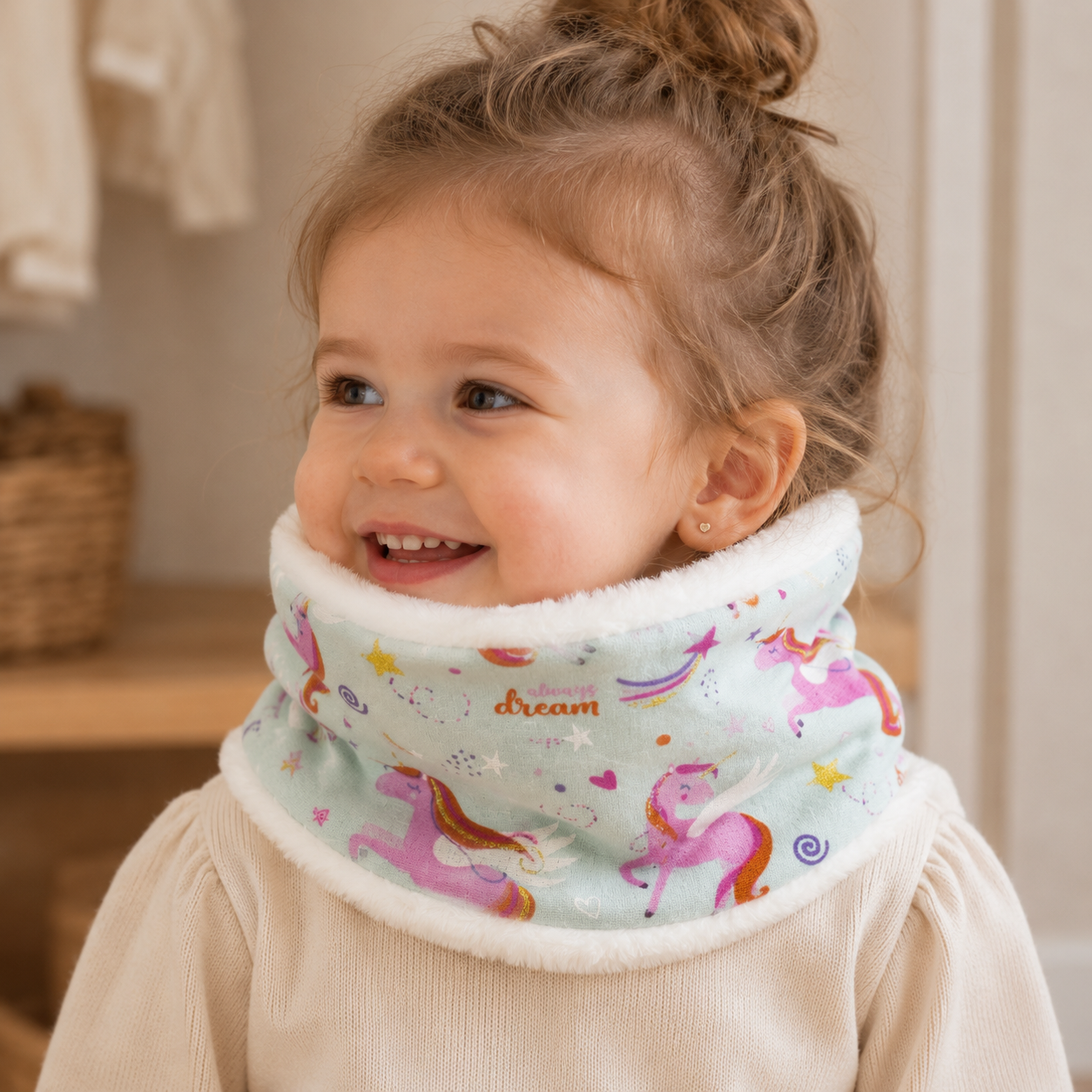 Petite fille portant un snood tour de cou chaud à motif licornes, doublé en tissu tout doux – Abracada Dreams