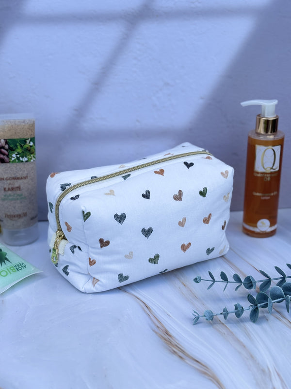 trousse de toilette femme en coton motifs cœurs