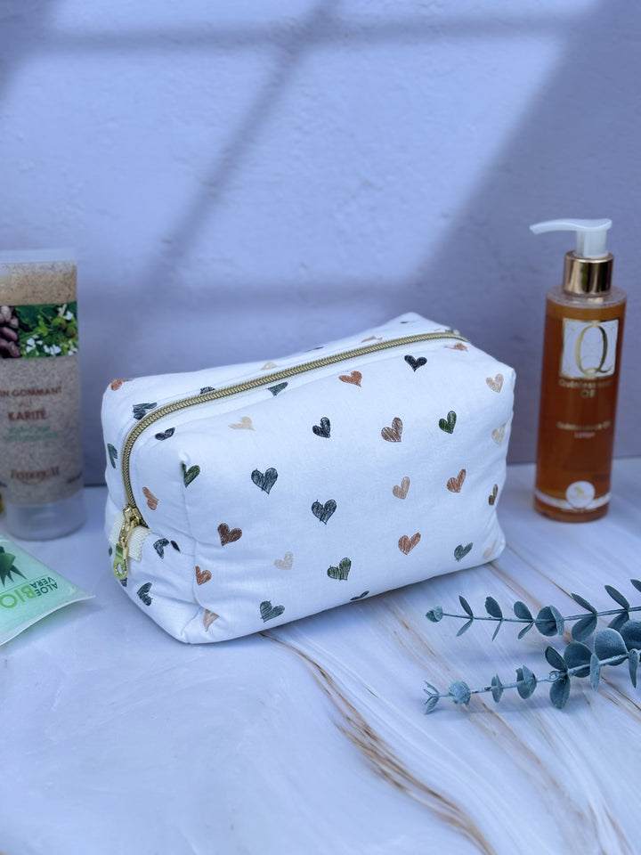 trousse de toilette femme en coton motifs cœurs